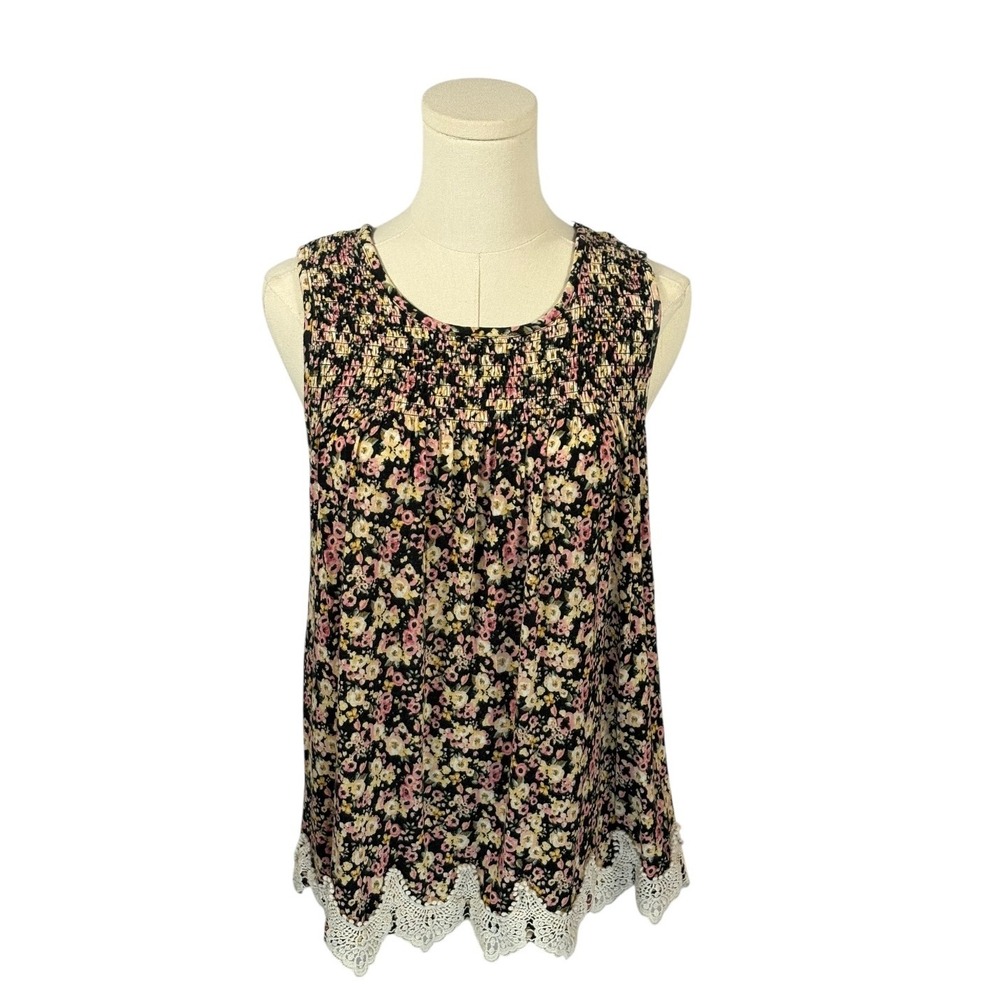 Rewind Black, Pink, Yellow, & White Tank Top w/ Embroidered Trim (Size L)